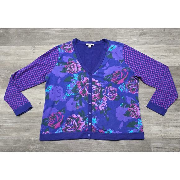 Isaac Mizrahi Live! Blue Floral Print V Neck Button Front Cardigan - Picture 6 of 6